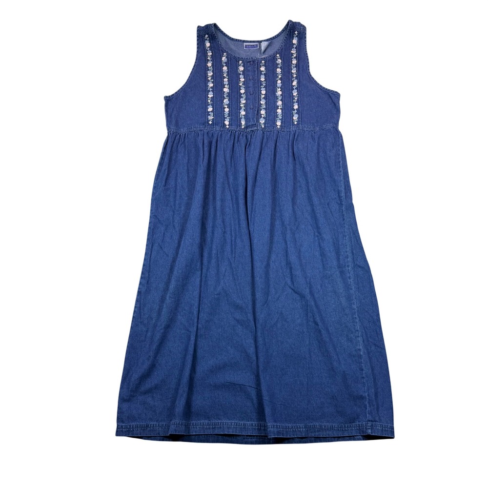 Vintage Erika & Co Womens XL Blue Denim Floral Embroidered Sleeveless Dress NWT